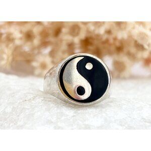 Yin Yang Chunky Signet Flat Top Statement 925 Sterling Silver Vintage Ring